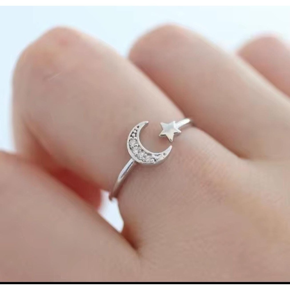 925 Silver Crescent Moon & Star Adjustable Ring Dainty‎ Celestial Women